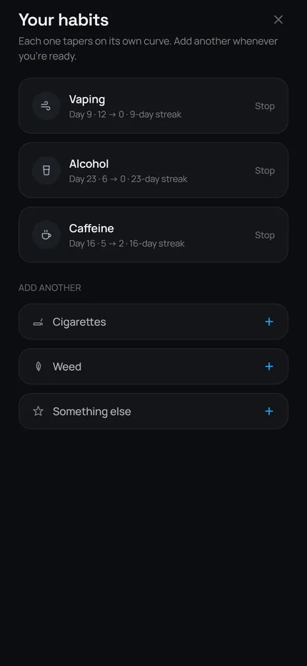 Cadence habits screen: caffeine tapering 5 to 2 alongside other habits